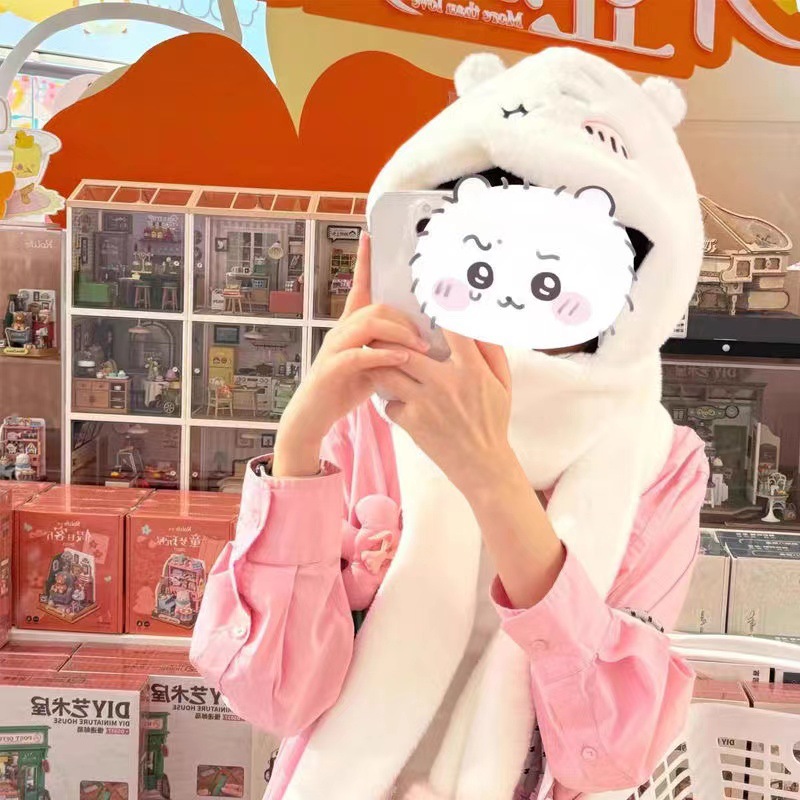 Miniso Chiikawa Gijkawa Hat Scarf Three-piece Set Winter Sweet Plush Warm Thicken Cartoon Integrated Style