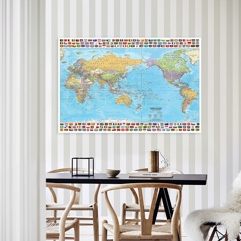 国旗付きの英語の世界地図,折りたたみ式不織布,壁の装飾,学用品,教室,100x70cm