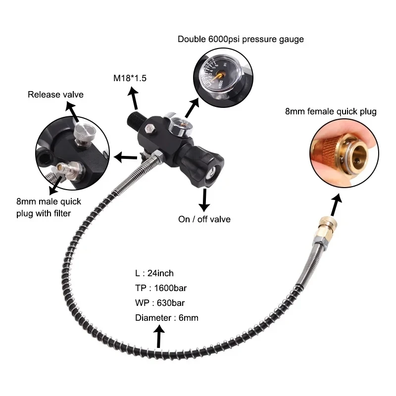 Acecare 1.1L Mini cilindro de fibra de carbono 4500Psi 300Bar con válvula reguladora botella de aire comprimido tanque HPA para buceo