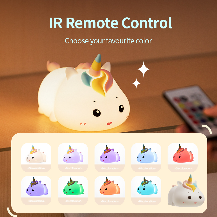 Lampe LED licorne Rechargeable en Silicone, lampe de nuit avec télécommande, intensité variable, lumière d'ambiance pour chevet, chambre à coucher, cadeau créatif