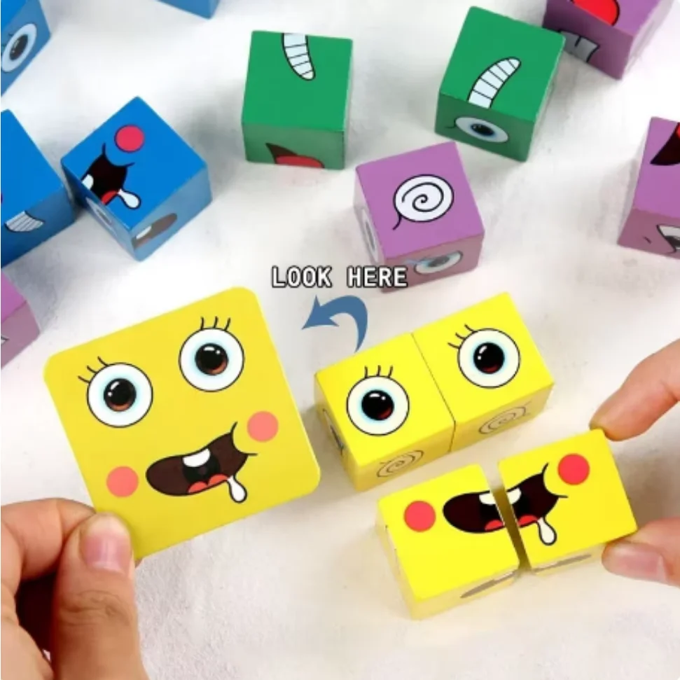 Kids Face Change Expression Puzzle Building Blocks Montessori Cube Table Game Toy Early Educational Toys for Children Gifts
