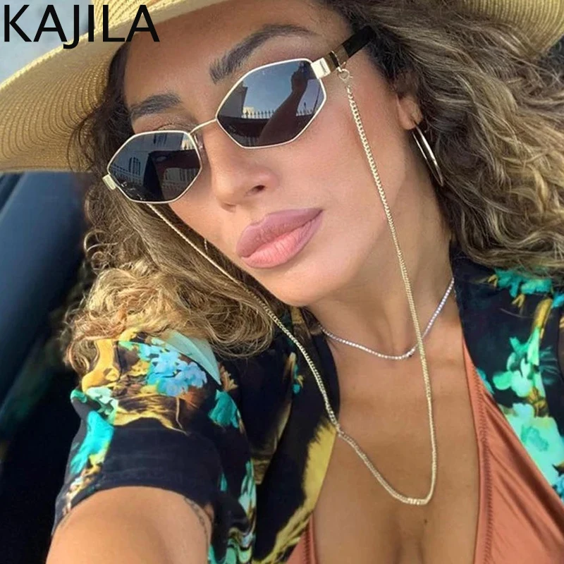 Gafas De Sol hexagonales con montura pequeña para mujer, anteojos De Sol sexys con cadena, De diseñador De marca De lujo, Punk, 2024