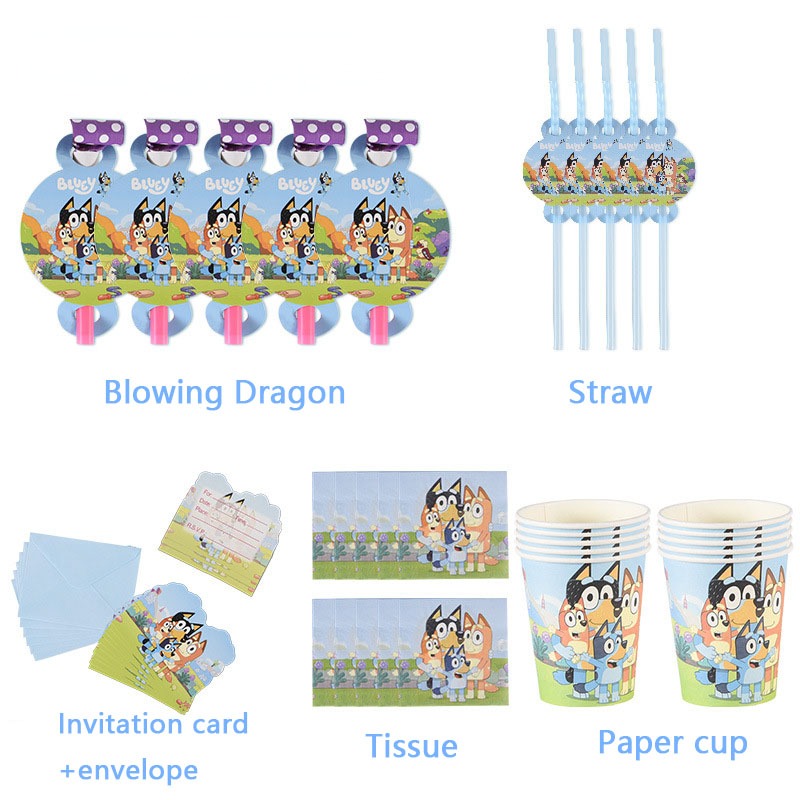 Suministros para banquetes de fiesta de cumpleaños con tema Bluey de dibujos animados, plato de papel, mantel, bandera, cuchillo, tenedor, cuchara, conjunto de pancarta, fiesta de cumpleaños para niños
