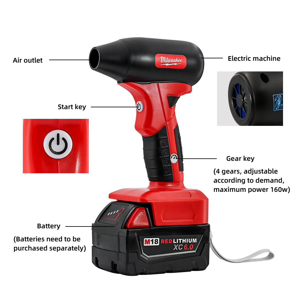 Milwaukee Brushless 130000rpm Electric Mini Turbo Blowers Jet Fan High Speed 4-speed Handheld Dust Blowing Tool 18V Battery