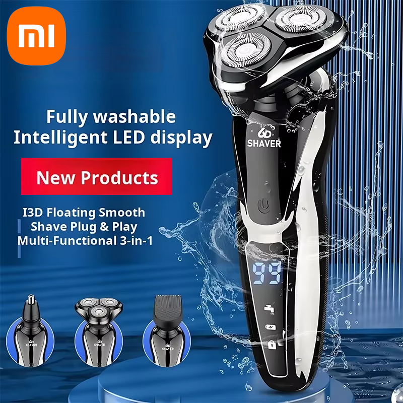 Мужская бритва Xiaomi 3-в-1, интеллектуальная цифровая многофункциональная электробритва с зарядкой через USB, водонепроницаемое плавающее лезвие для влажной и сухой уборки