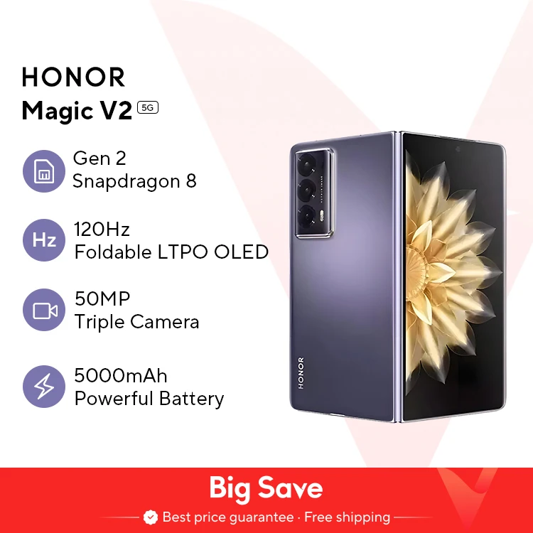 Versione globale Honor Magic V2 5G pieghevole LTPO OLED 120Hz Display 7.92 "50MP fotocamere posteriori Snapdragon 8 + Gen 2 5000mAh 66W NFC