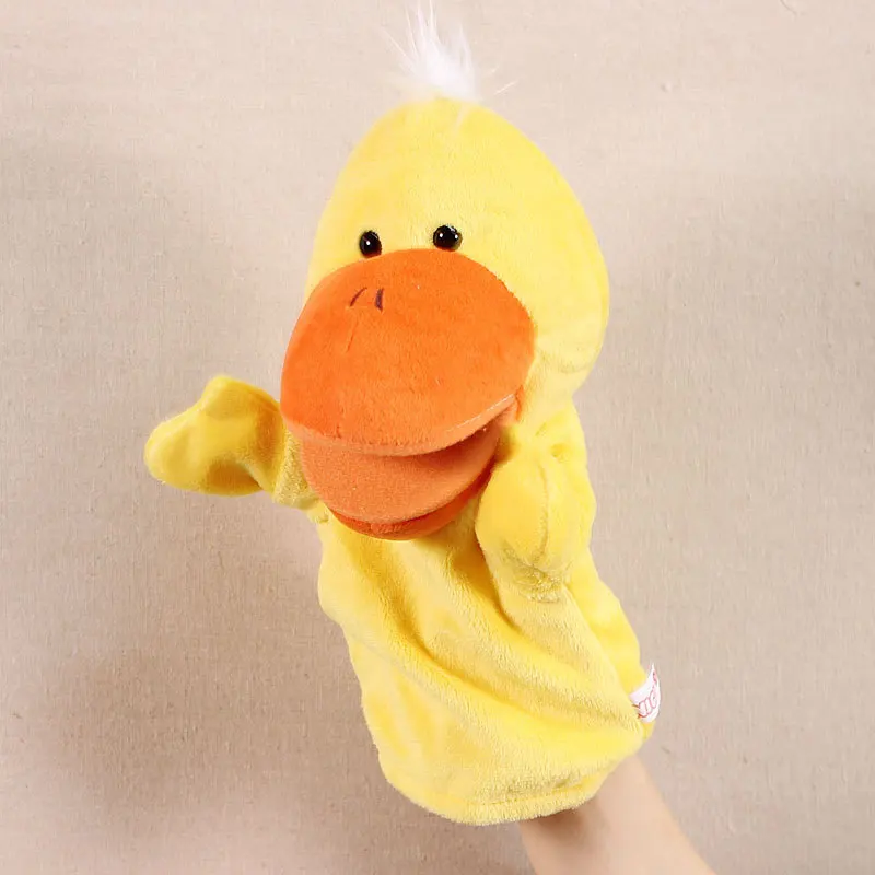 口を開けた黄色いアヒルのハンドパペット幼児ぬいぐるみ