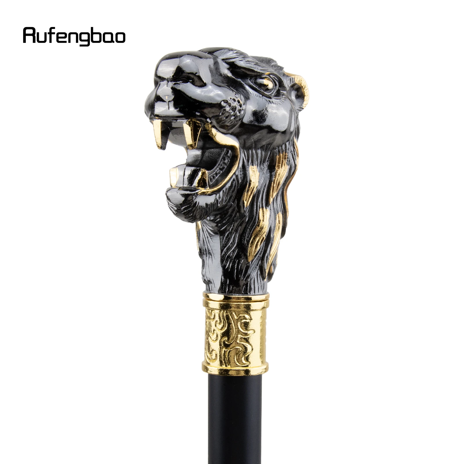 Goldener schwarzer Löwenkopf mit Schnurrbart-Gehstock mit versteckter Platte Selbstverteidigung Mode Rohr platte Cosplay Crosier Stick 93cm