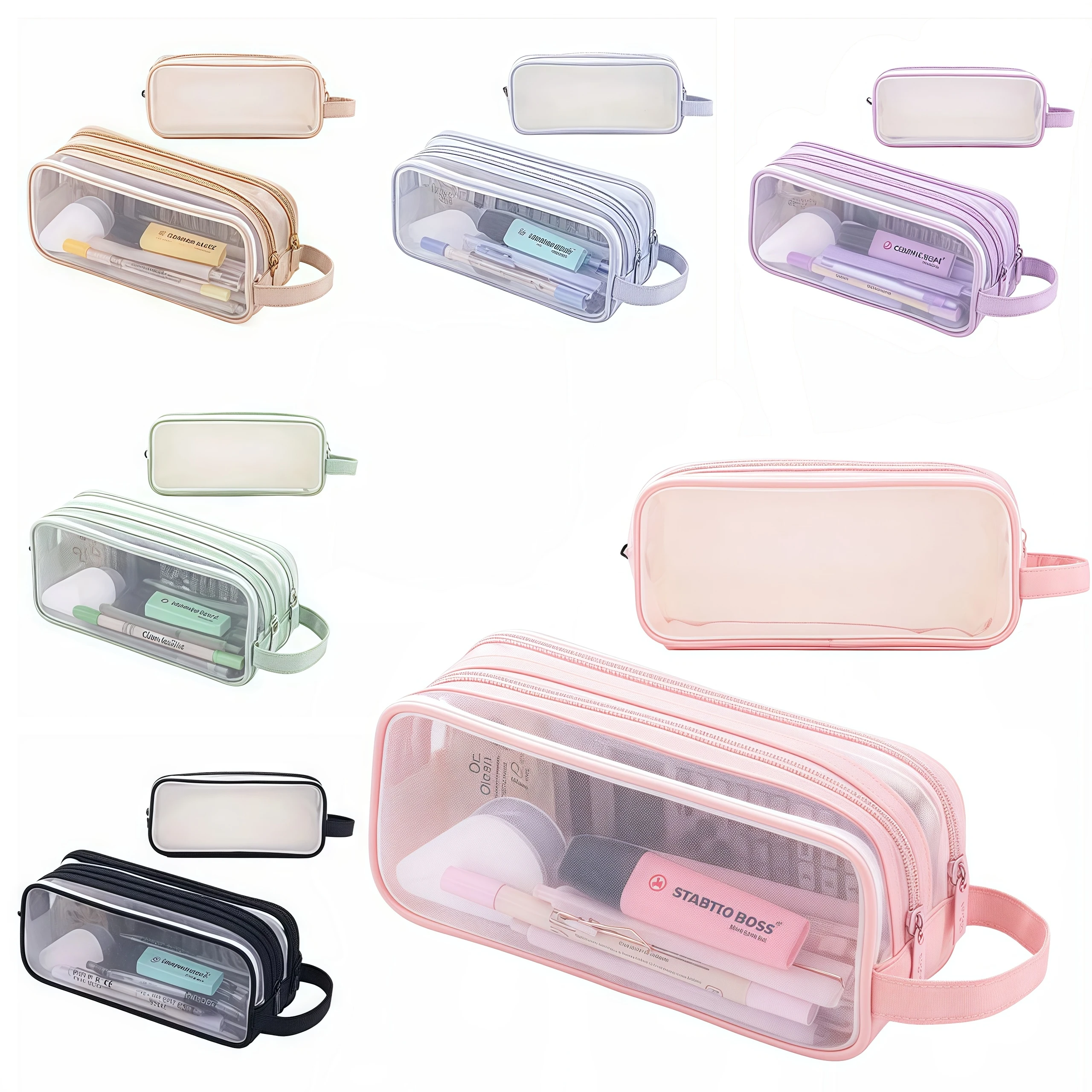 Astuccio grande in rete Astuccio trasparente a doppio strato, borsa cosmetica multifunzionale portatile, adatto per l'ufficio scolastico