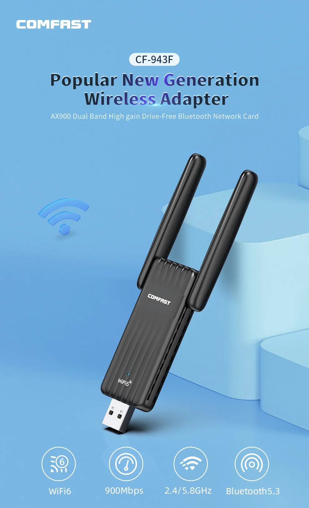 Адаптер Comfast AX900 WiFi6 BT5.3 2,4G и 5 ГГц 900 Мбит/с Wi-Fi адаптер Free-Drive USB WiFi Bluetooth Adaptador WiFi 6 USB Win 10/11