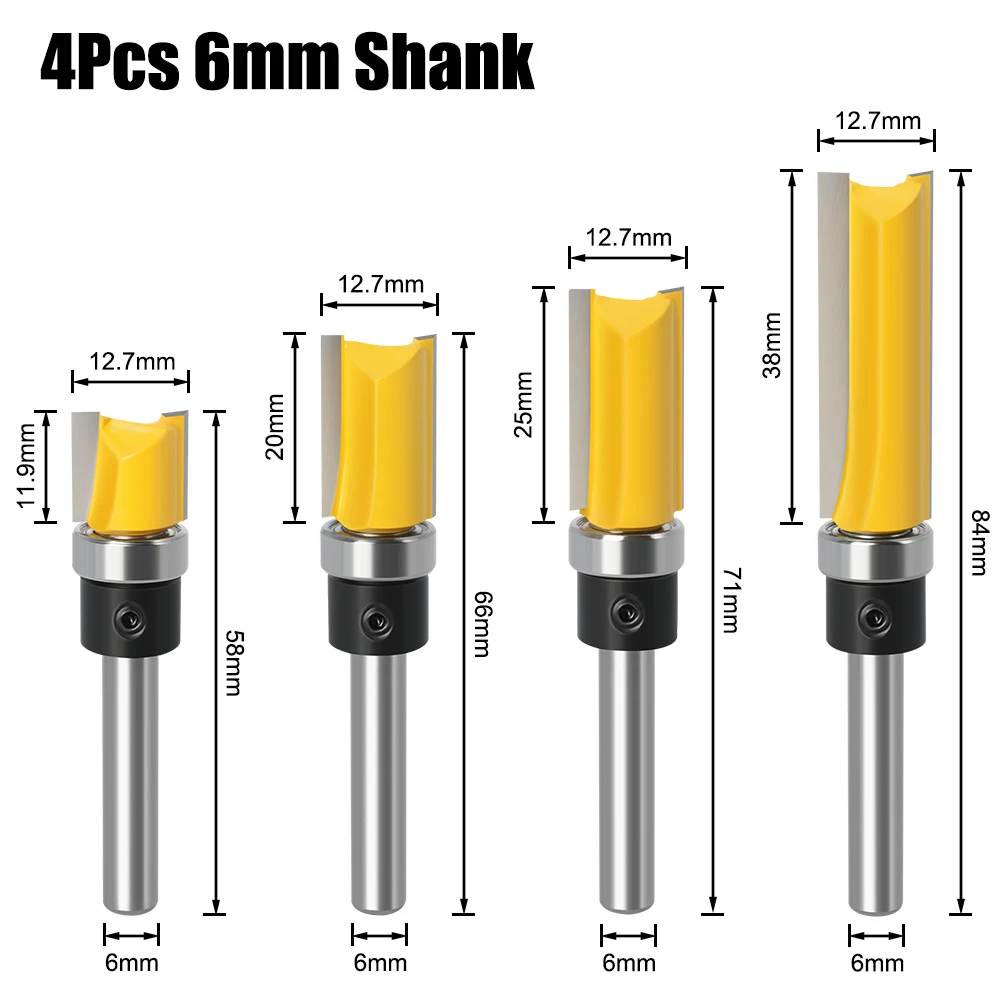6mm/6.35mm Shank Flush Trim Router Bit Blade Template Pattern Bit Bearing 1/2" Straight End Mill For Woodworking Dia 12.7mm