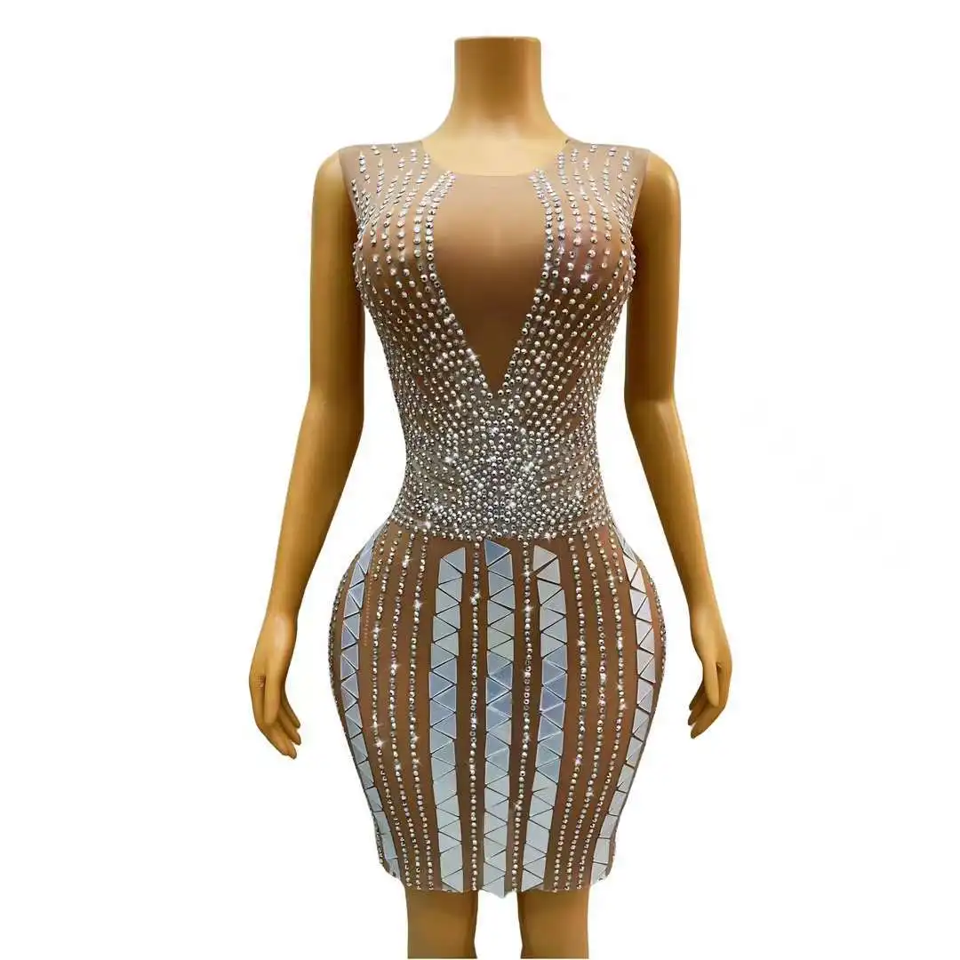 2025, glamouröses Diamant-Pailletten-Geburtstagsparty-Kleid, Bühnenkostüm, sexy, ärmellos, ALine, kurzer Rock, Abend-Outfit