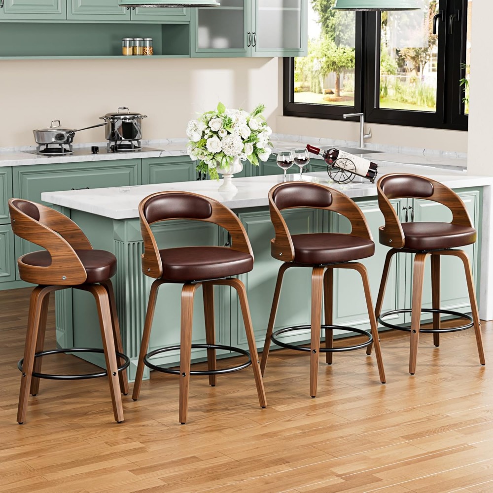 Bar Stools Set of 3, 26" Counter Height Barstools with Bentwood Legs, Swivel Counter Stools with Back, Mid Century Modern Faux L