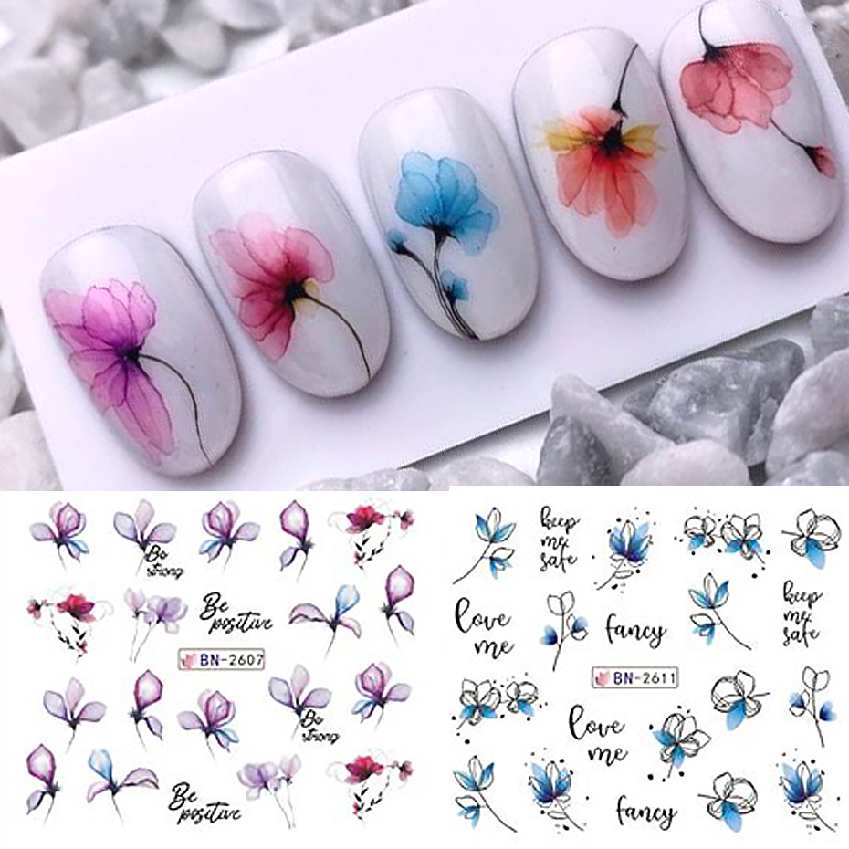 12 pçs tinta flores arte do prego adesivo verão decalque de água florescendo flores folhas graffiti slider decoração do prego folhas tatuagem
