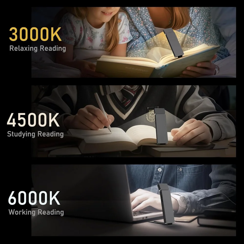 Luz LED recargable con Clip para libros, 3 colores, 5 brillos, luz nocturna de lectura para cama, lámpara marcapáginas con protección ocular, Mini lámpara para libros