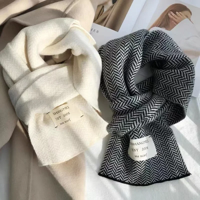 Bufandas de invierno para mujer, bufanda tejida de alta calidad, bufandas con patrón de rayas Vintage blanco de estilo coreano, bufandas cálidas para invierno y exteriores