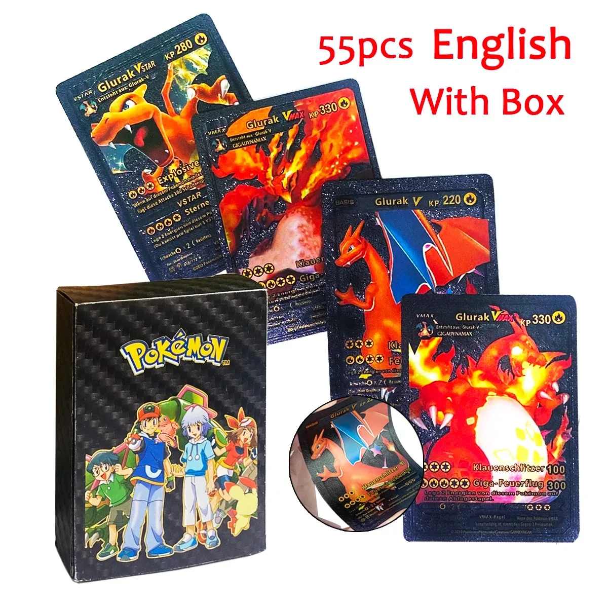 55PCS Pokemon สีสันทองฟอยล์การ์ด Charizard Pikachu Arceus เพชรสายรุ้งภาษาอังกฤษฝรั่งเศสคําเยอรมันสเปน VSTAR GX การ์ด VMAX