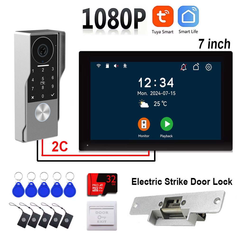 Новый 2-проводной умный видеодомофон TUYA, дверной звонок, проводная камера 1080P, WIFI, 7-дюймовый сенсорный экран, 32G TF, добавление IC-карты, разблокировка пароля