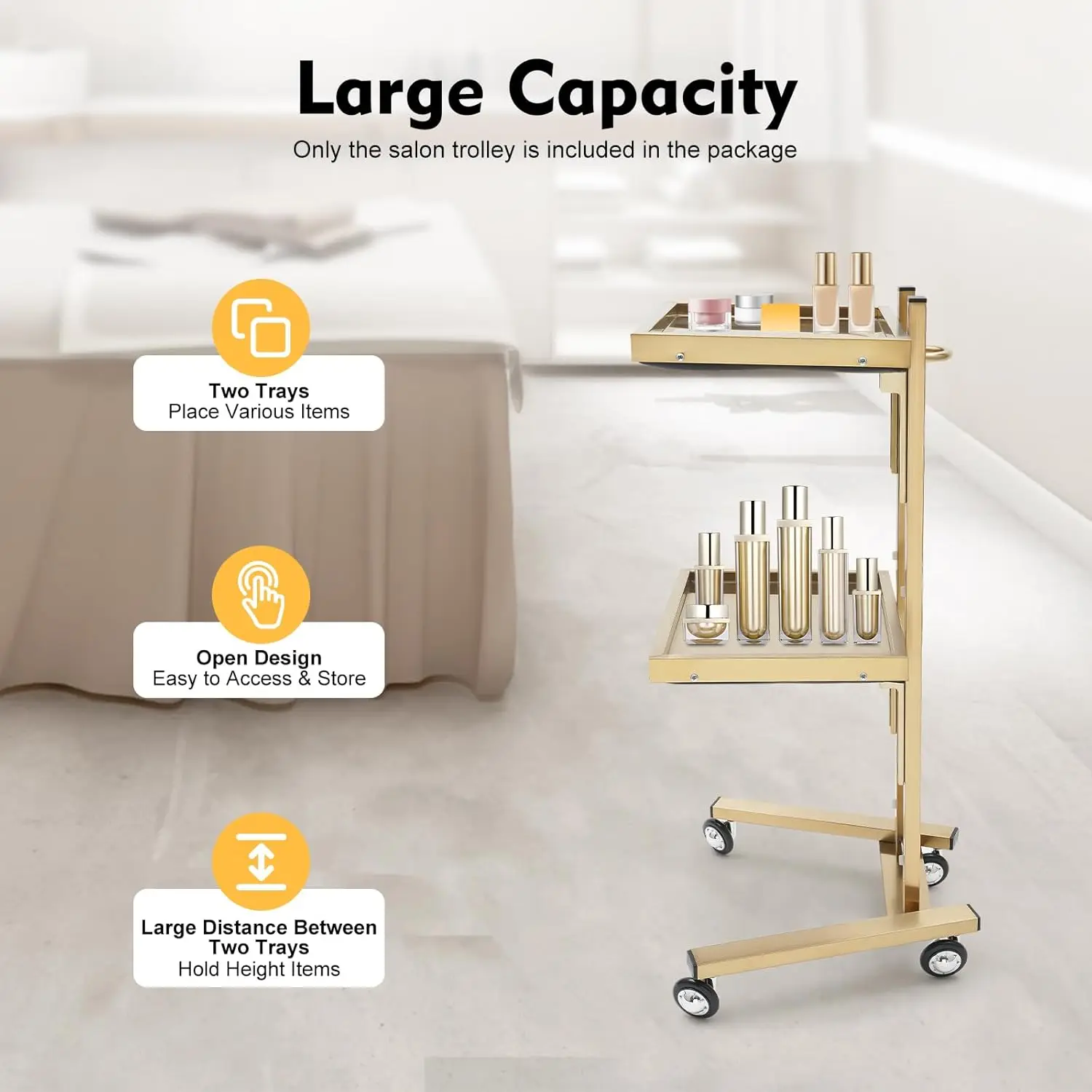 2 Tier Metal Rolling Cart, Salon Tray on Wheels, Folding Salon Tray Trolley, Esthetician Cart for Salon Studios Shop