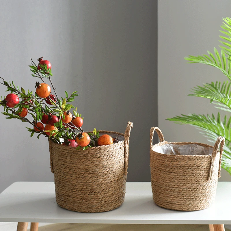 1PC Nordic Handmade ฟางทอดอกไม้หม้อชาวไร่ตะกร้าซักรีดเสื้อผ้าสกปรกเก็บกระถางสวนพืชสีเขียวผู้ถือดอกไม้
