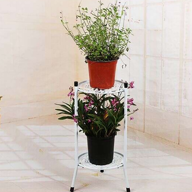 Suporte de planta de metal elegante de duas camadas, prateleira em vaso, suporte moderno e alto para decoração interna e externa