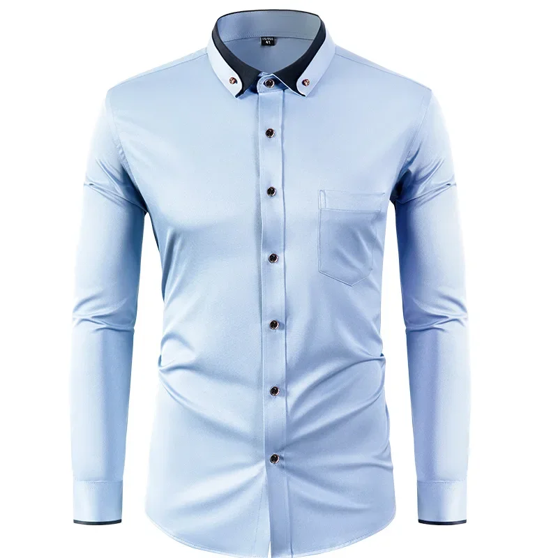 Camisa de manga larga elástica para hombre, camisa con hebilla de diamante, diseño de cuello contrastante, color sólido, ajustada, ropa para hombre