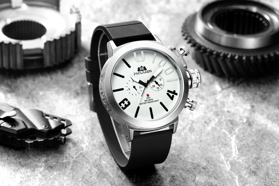 Automatic Self Wind Mechanical สายยางสีดําเงินเรือสีส้มสีฟ้าสีเหลืองสีเทาคลาสสิก U Men Big Face 50 มม.นาฬิกา