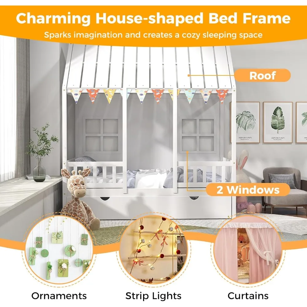 Twin Size House Bed with Trundle, Wood Kid’s House Bed Frame with Roof, Windows, Fence Rails, Beds Frame with Sturdy Beds Slats