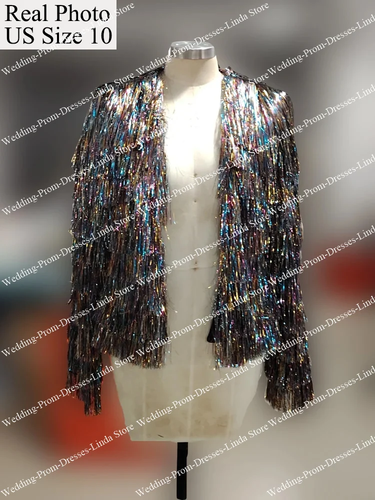 เสื้อแจ็กเก็ตขนสัตว์แวววาวสำหรับผู้หญิงแขนยาวเหนือเข่าหรูหราสำหรับงานพรอมปาร์ตี้เต้นรำวันเกิดเสื้อกั๊กจบการศึกษา2023ใหม่