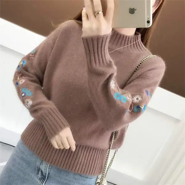 Áo Len Dệt Kim Họa Tiết Thêu Hoa Áo Len Dày Pullovers2023 Thu Đông Mới Dài Tay Turleneck Áo Len