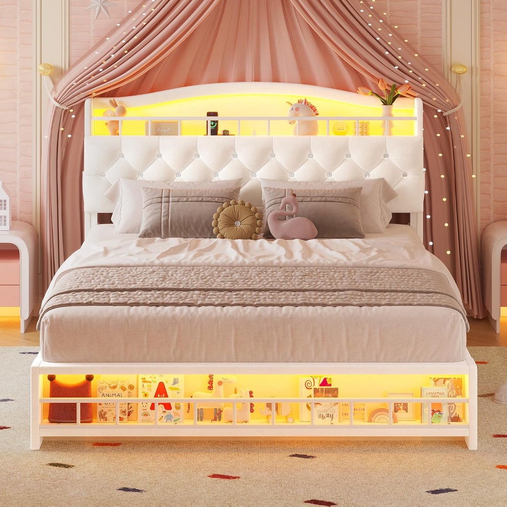 Full Bed Frame with LED Lights, Princess Velvet Upholstered Platform Bed for Girls, Headboard with Charging Station & Guardrail
