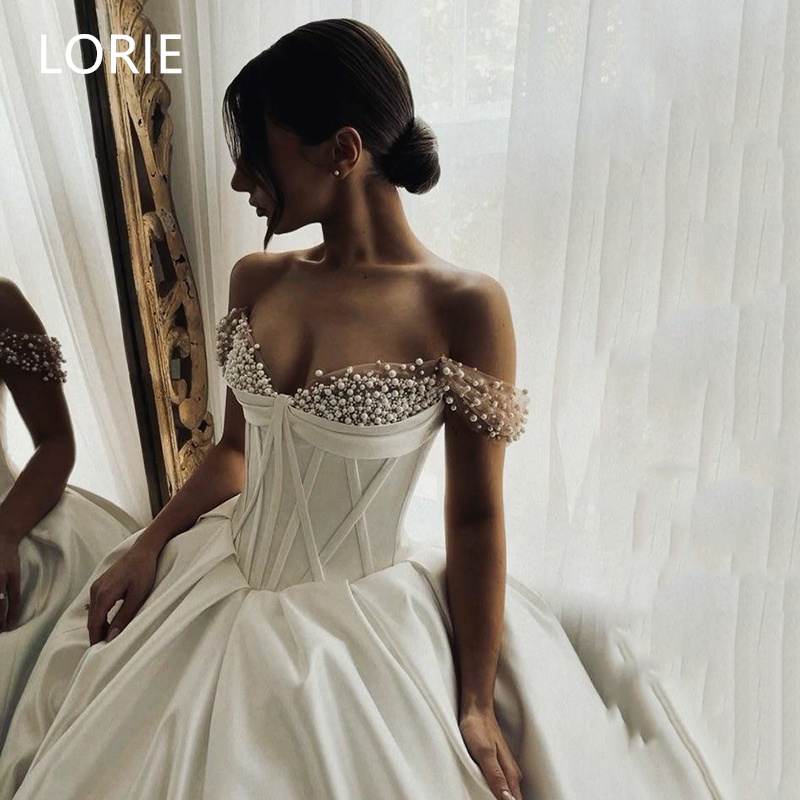 LORIE Schulterfreie A-Linie Brautkleider mit Perlenapplikation, Prinzessin, herzförmiger Brautkleid, Falten, Brautkleider, individuell gestaltet