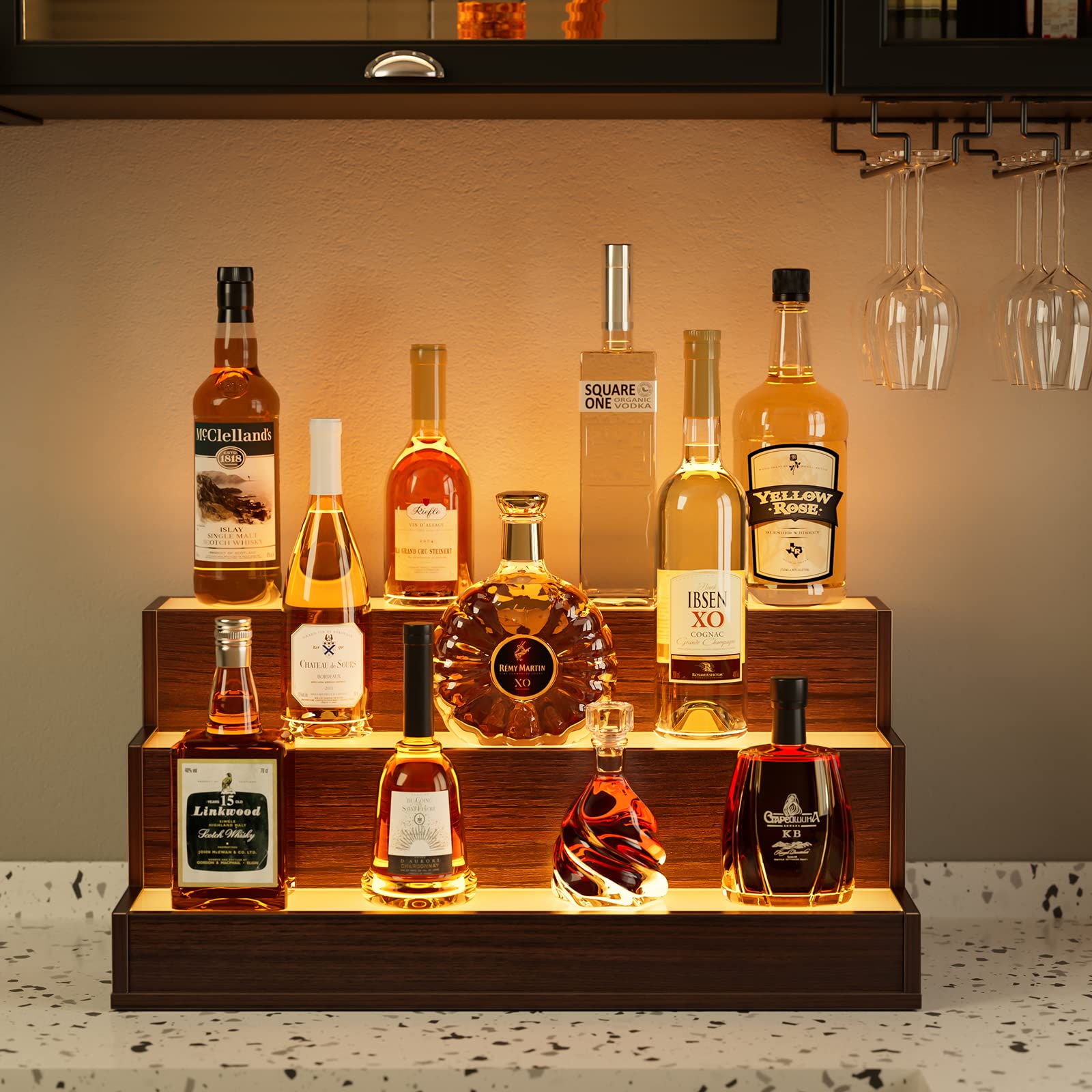 Cubehom LED Bottle Display Shelf, 3 Step Freestanding Bar Shelf with App & Remote Control, Illuminated Drinks Rack, Walnut
