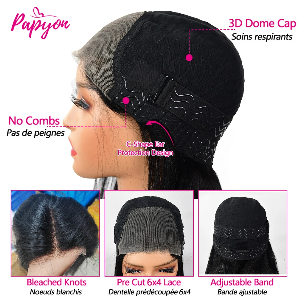 Parrucca diritta senza colla 6x4 Capelli umani 4x4 pronti da indossare Parrucche frontali con chiusura in pizzo trasparente prepizzicate per le donne