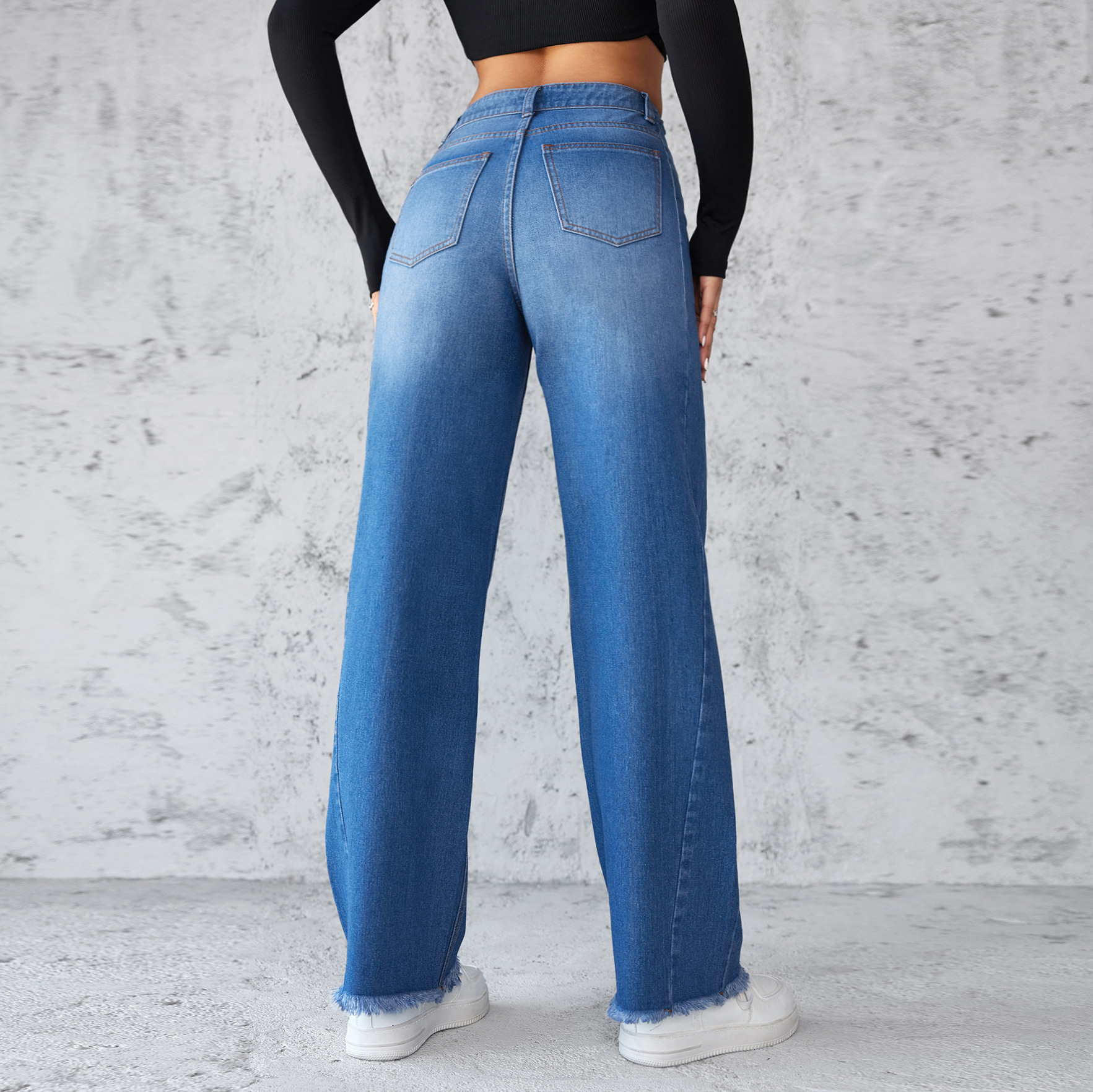 Gewaschene Distressed Denim gerade Hose Vintage Damen Jean Taschen hohe Taille lockere Passform knöchellange Hose mit weitem Bein Basics