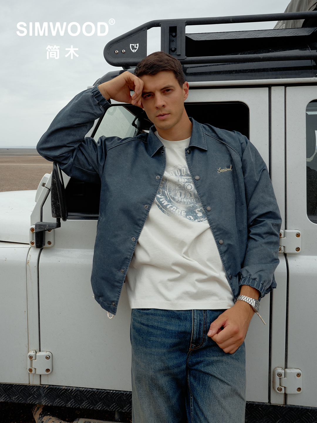 SIMWOOD 2025 Herfst Nieuwe Oversize Gewassen Vintage Jassen Mannen Brief Borduren Plus Size Jassen Merk Kleding