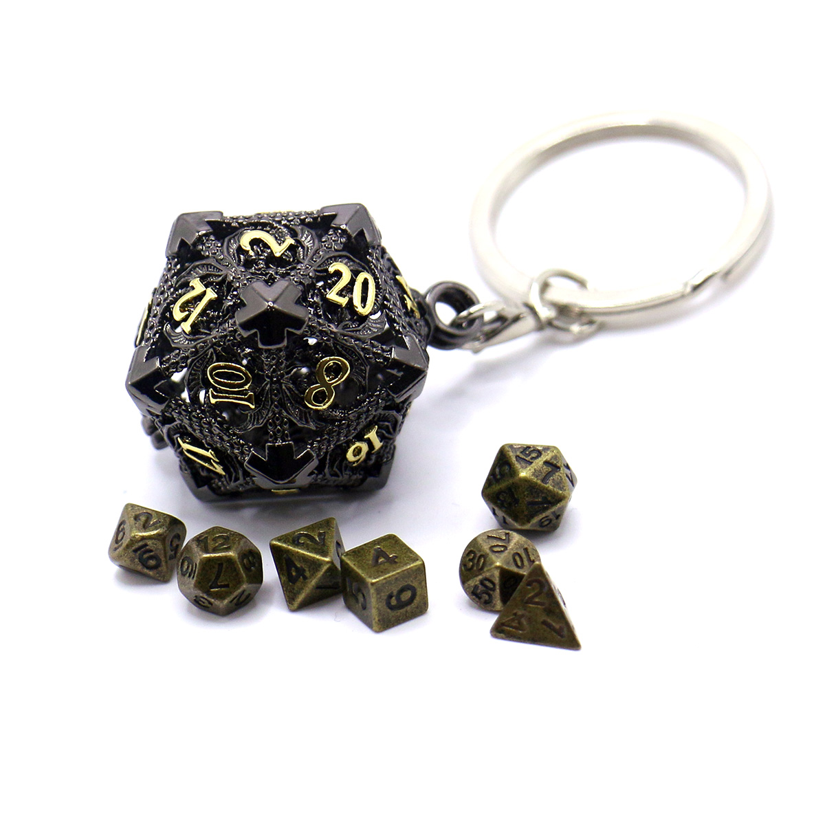 D20 メタル中空ボックス + 7 個のメタルダイスセット、ポータブルボードゲームダイスミニキット、ダークネスブラッドステインスタイルダイスペンダント