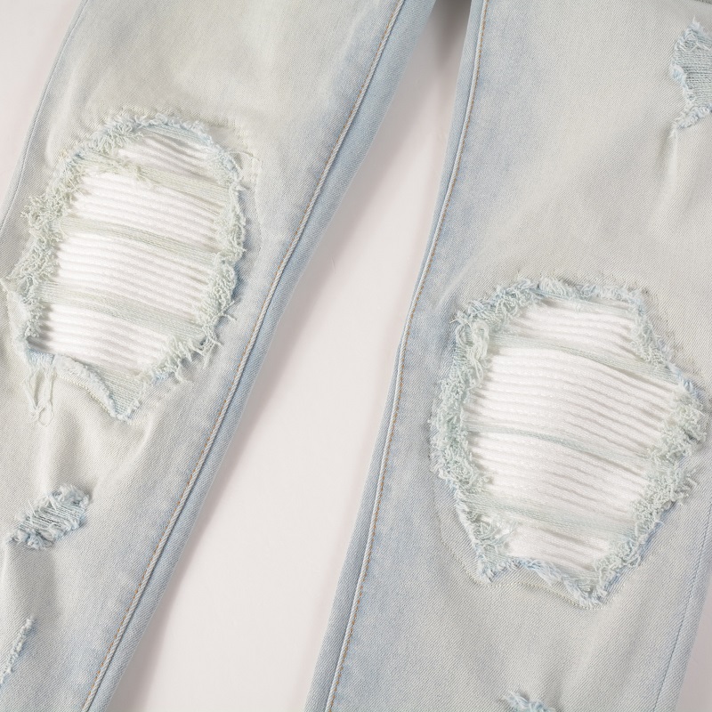 Männer Blass Hellblau Biker Jeans Rissige Plissee Patch Patchwork Stretch Denim Hosen Streetwear Löcher Zerrissene Dünne Hosen