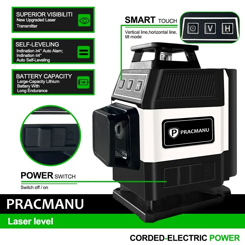 Pracmanu มินิเลเซอร์ระดับ 12 เส้น 3D ระดับ Self-Leveling 360 °   เส้นลําแสงเลเซอร์สีเขียวข้ามแนวนอนและแนวตั้ง