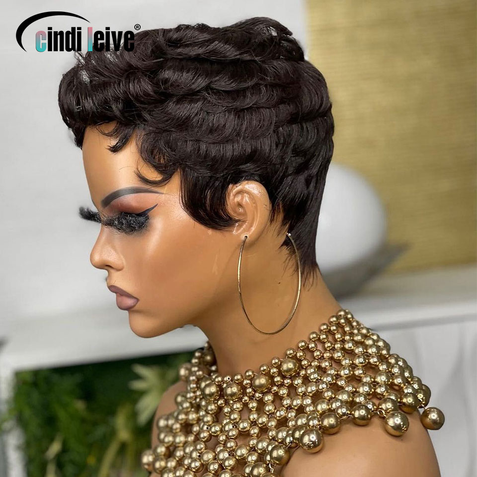 Perruques de cheveux humains coupe lutin courte bouclée pour femmes noires perruque sans colle noire naturelle péruvienne Remy Bob pleine Machine faite perruques 150%