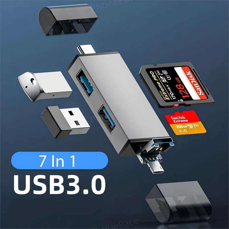 7 in 1多機能USB 3.0カードリーダー、マイクロTF/SDカードメモリリーダー、USBフラッシュドライブ、Type-Cカードアダプター、OTG