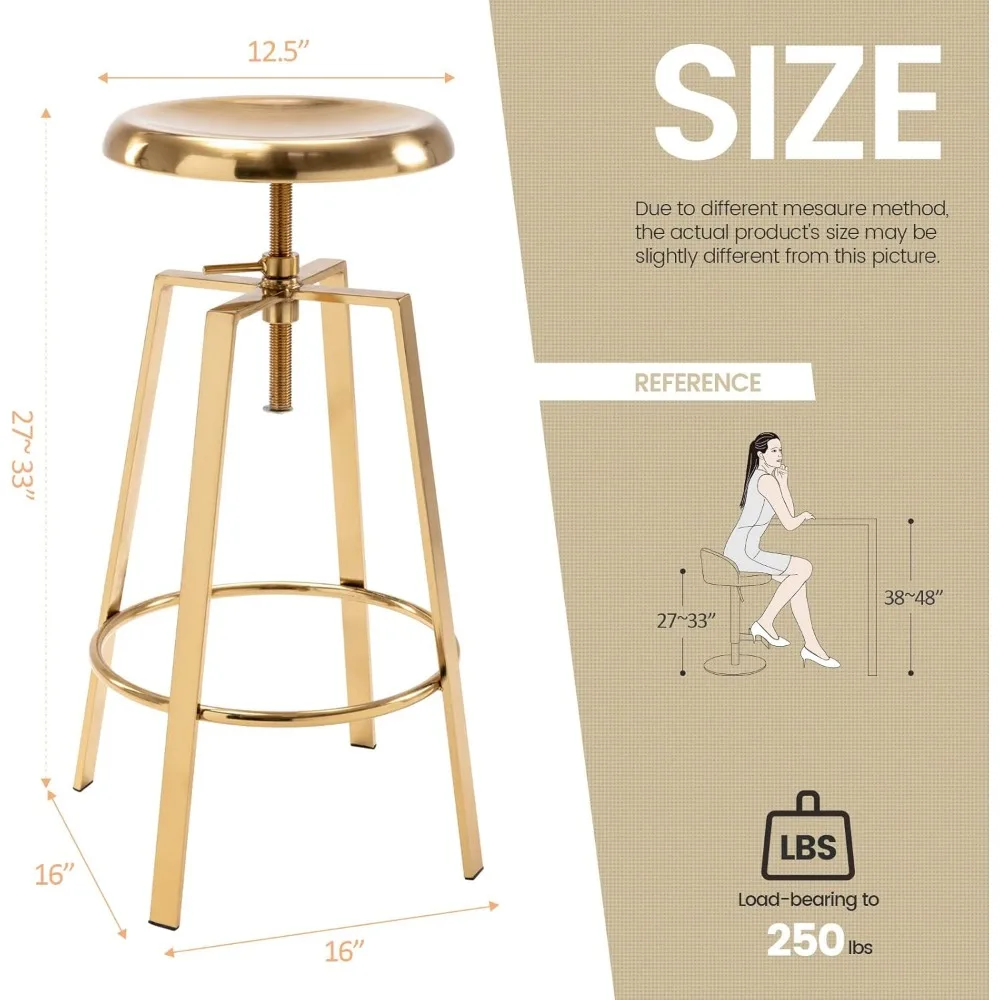 Atlas Industrial Bar Stools Set of 2, Adjustable Swivel Four Legged Round Metal Barstools