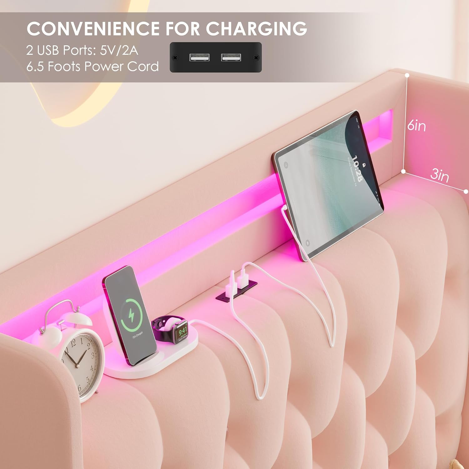 Twin LED Bed Frame with Charging Station Headboard & 4 Storage Drawers, Velvet Crystal Button-Tufted Princess