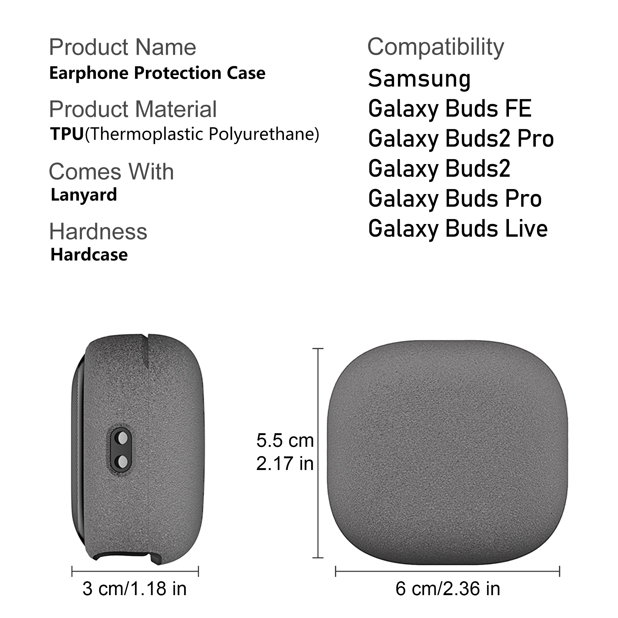 Schutzhülle für Samsung Galaxy Buds FE, Buds2 Pro, Buds2, Buds Live, Buds Pro Hülle, Hartschalenhülle mit Umhängeband