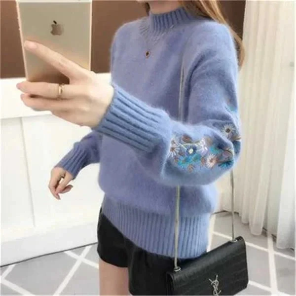 Áo Len Dệt Kim Họa Tiết Thêu Hoa Áo Len Dày Pullovers2023 Thu Đông Mới Dài Tay Turleneck Áo Len