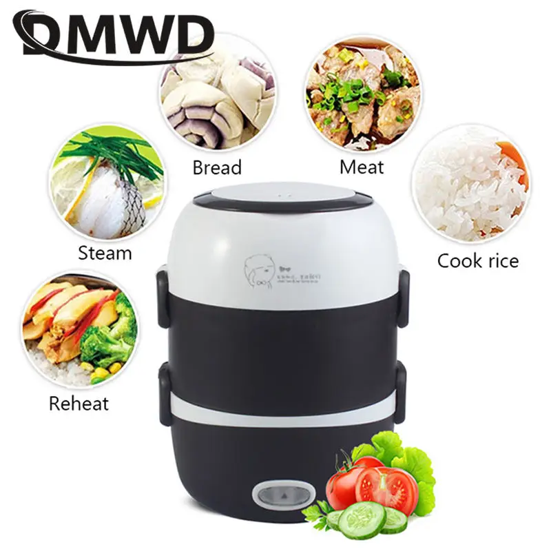 DMWD Điện Nồi Cơm Điện Mini 2/3 Lớp Thép Không Gỉ Lót Di Động Vỉ Luộc Trứng Hấp Thực Phẩm Hâm Nóng Hộp Cơm Trưa Multicooker 2L