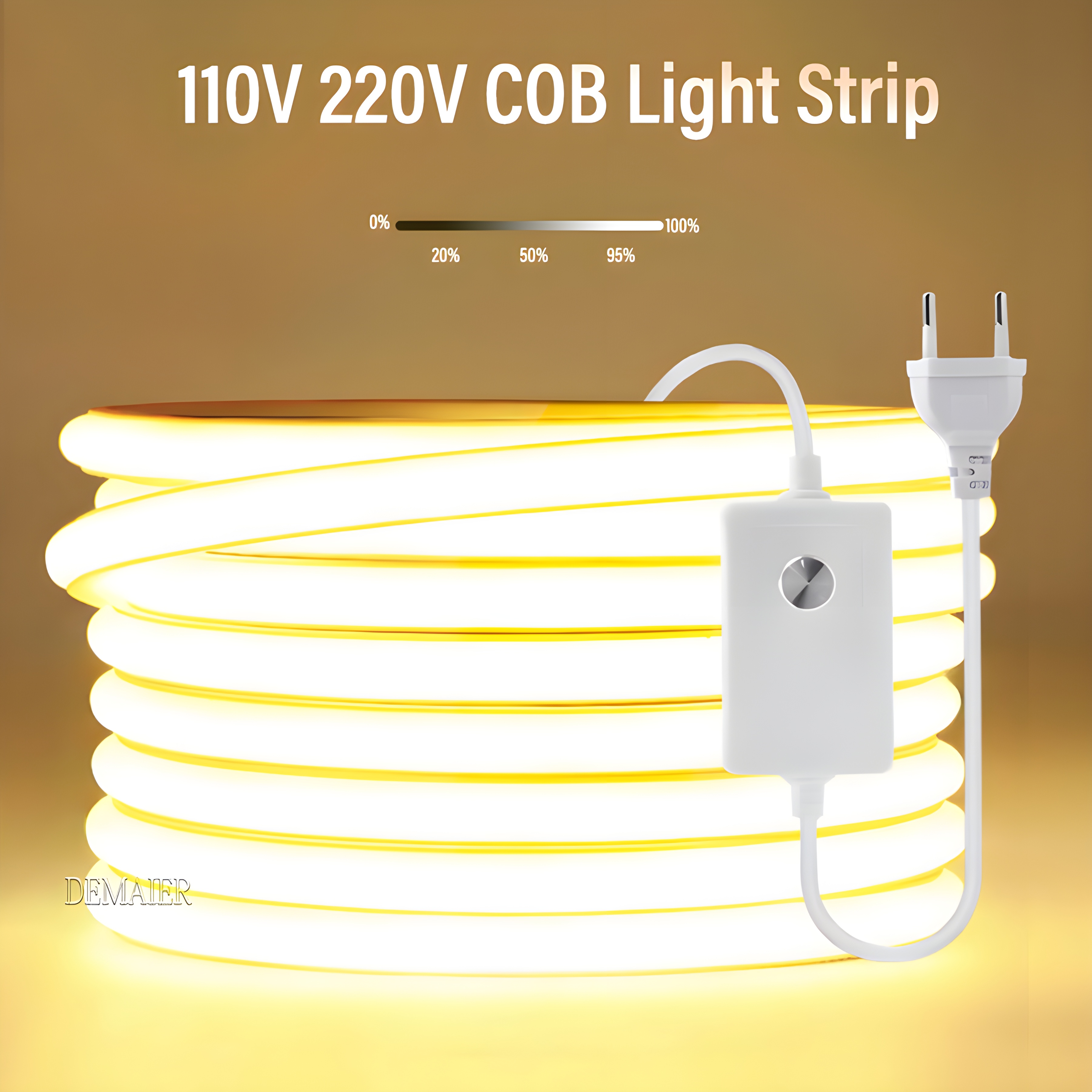 Tira de luces LED Cob superbrillante de 110V y 220V, atenuación con interruptor de fuente de alimentación UE y EE. UU., 360 LED/m, 3000k, resistente al agua, cálido/Neutro/blanco