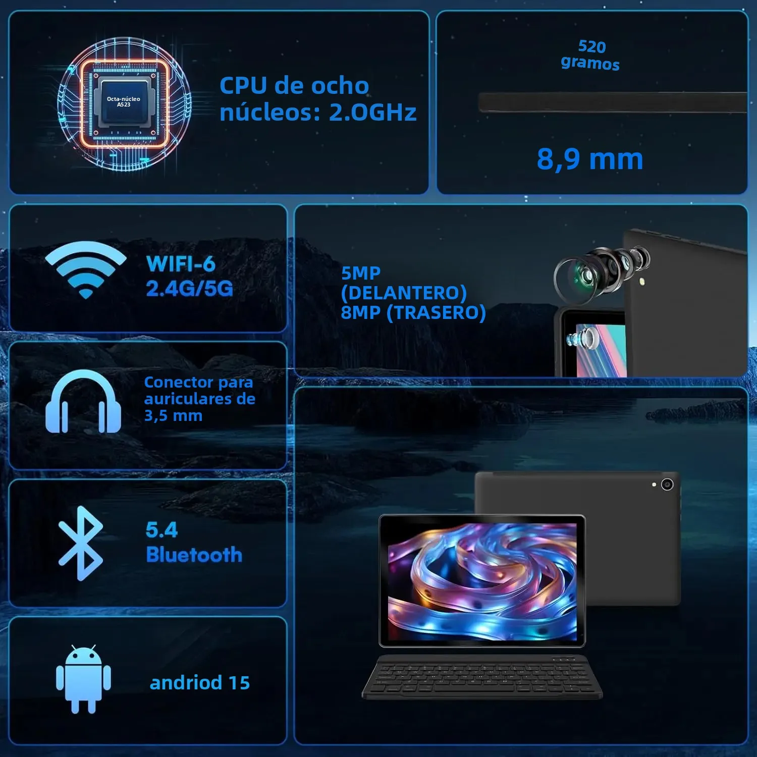 Tableta de 10 pulgadas Android 15 A523 tabletas de 8 núcleos 24GB + 128GB 1TB expansión WiFi 6 5MP + 8MP Stylus teclado ratón auriculares PC PAD Set