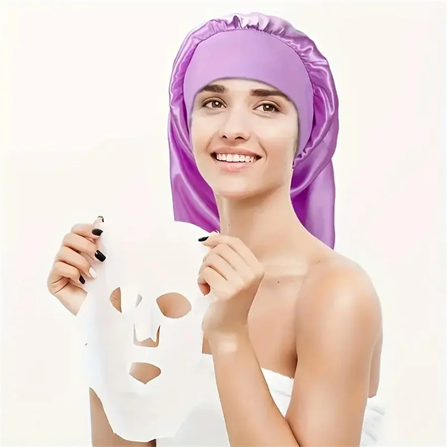 Novo feminino longo cetim gorro de dormir boné de dormir sedoso com faixa elástica larga cuidados com o cabelo turbante tranças cabelo encaracolado cabelo natural