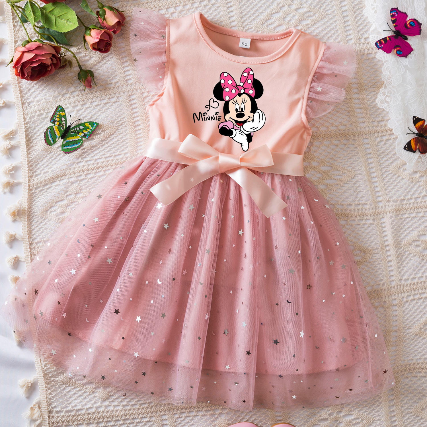 Mickey Minnie Mouse Mädchen Sommerkleidung Fliegende Ärmel Schleife Paillettenkleid 2-6Y Kindergeburtstag Tutu Prinzessinnenkleid für Babys